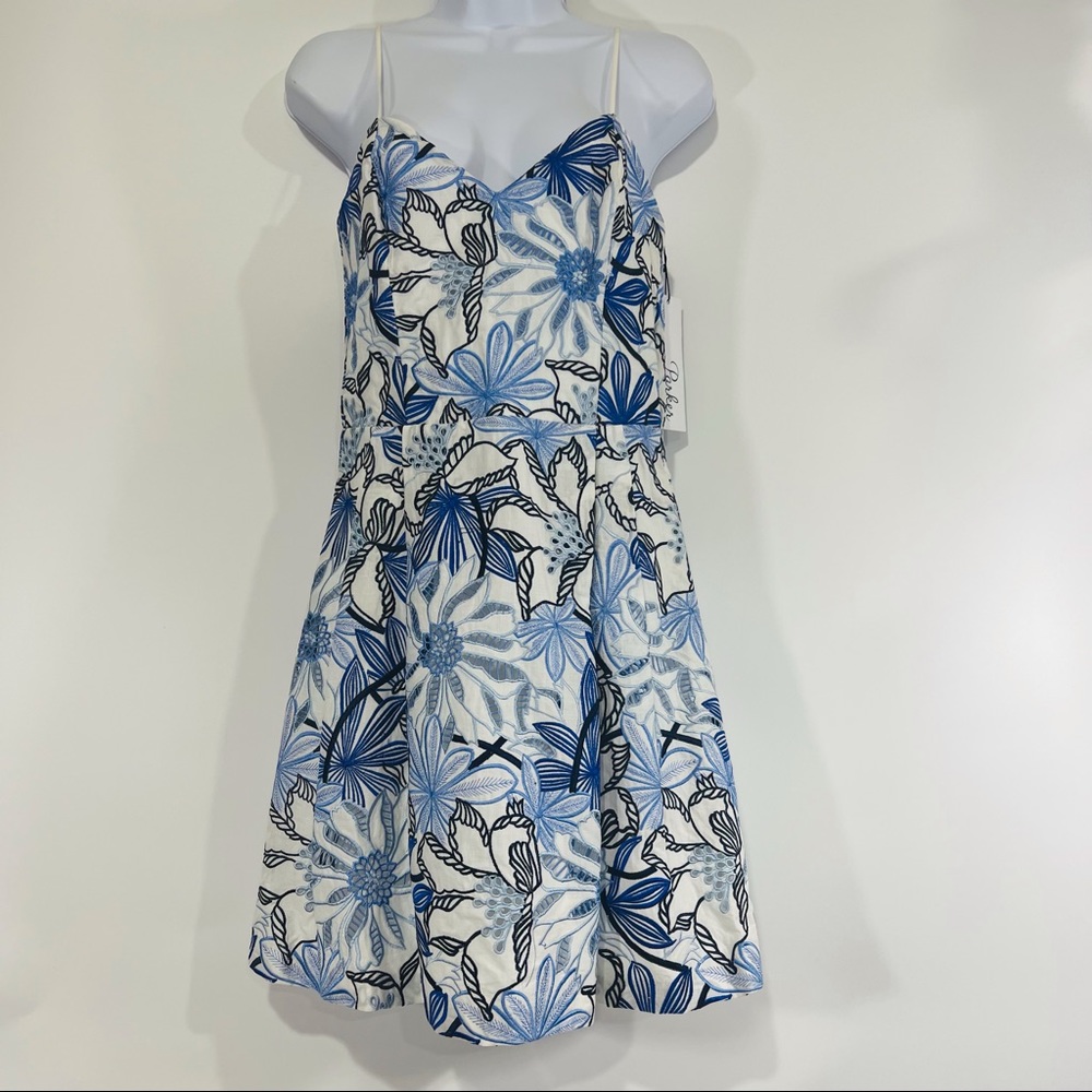 Parker Blue White Floral Embroidered V-Neck Dress NWT